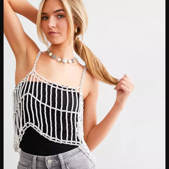 Endless Blu Pearl Glitz Cropped Tank Top, Women's Size M/L - White - Picture 1 of 10